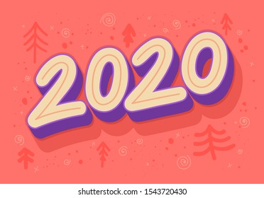 New Year 2020 vector greeting card template. Trendy retro font number on red background. Decorative childish hand drawn fir trees doodles. Winter holidays, Christmas festival poster design 
