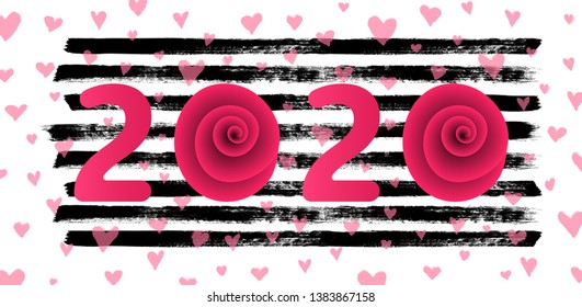 New year 2020 vector illustration. Romantic 2020 decorated with hearts and stripes. Grunge style. Love, New Year, Valentine's day theme. EPS10