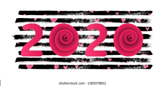 New year 2020 vector illustration. Romantic 2020 decorated with hearts and stripes. Grunge style. Love, New Year, Valentine's day theme. EPS10