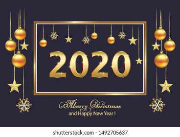 New Year 2020. Vector illustration of christmas background with christmas balls star snowflake gold and dark colors 