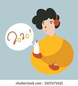 New Year 2020 vector illustration. Cute girl with little white mouse.