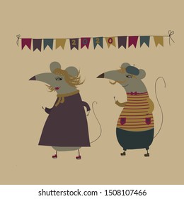 New year 2020 vector illustration with dancing rats 