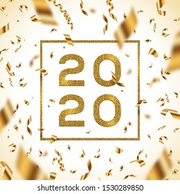 New year 2020 vector illustration. Glitter gold numbers of a year with frame and golden foil confetti.