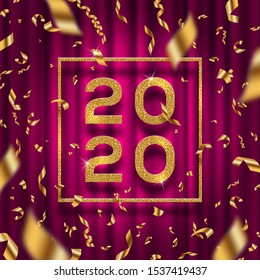 New year 2020 vector illustration. Glitter gold numbers of a year with frame and golden foil confetti on a red curtain background.