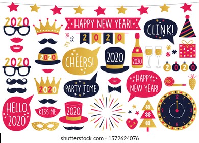 New Year 2020 vector party signs and photo booth props collection, isolated on white