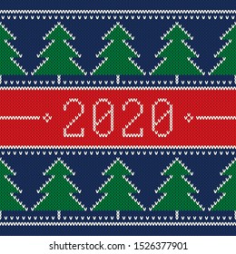 New Year 2020. Winter Holiday Seamless Knitted Background. Christmas Trees Ornament. Wool Knit Texture Imitation