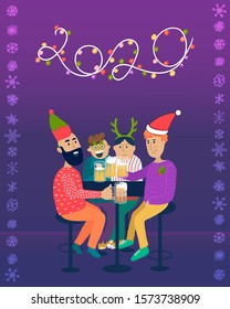 New year 2020 winter vector - friends drinking beer. Men in colorful sweaters smiling and chatting. Positive cartoon illustration. Bearded guy, boy in funny glasses, red Santa hat. Purple background with snowflakes.