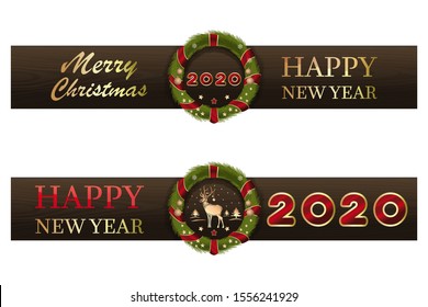 New Year 2020. New Year wooden banners set with christmas spruce wreaths. Merry Christmas and happy New Year. Vector illustration