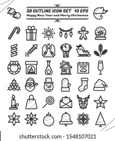 New Year 2020 and Xmas black outline icon set 10 EPS on white background. Winter holidays vector symbols. Christmas party symbols.