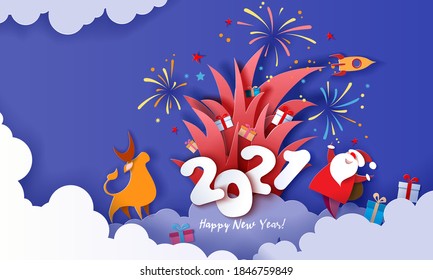 New year 2021 advertising design. Santa Claus with gift box and fireworks over big numbers 2021 on blue sky background. Vector paper cut art illustration for promotion banners, headers, posters, stick