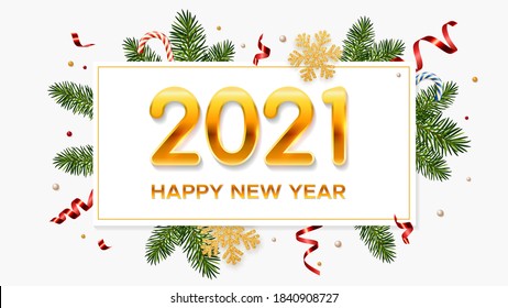 New Year 2021 background with pine branches, golden snowflakes, candy canes and tinsel. Template for Christmas and New Year poster, postcard, banner for winter and new year holidays