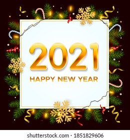Neujahr 2021 Hintergrund mit Kiefernästen, goldenen Schneeflocken, glänzenden Garnelen, Bonbons und Tinksel. Vorlage für Weihnachts- und Neujahrsposter, Postkarte, Banner für Winter- und Neujahrsferien