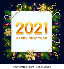 New Year 2021 background with pine branches, golden snowflakes, shining garlands, candy canes and tinsel. Template for Christmas and New Year poster, postcard, banner for winter and new year holidays