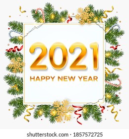 New Year 2021 background with pine branches, golden snowflakes, shining garlands, candy canes and tinsel. Template for Christmas and New Year poster, postcard, banner for winter and new year holidays