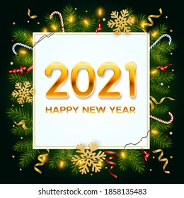 New Year 2021 background with pine branches, golden snowflakes, shining garlands, candy canes and tinsel. Template for Christmas and New Year poster, postcard, banner for winter and new year holidays