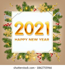New Year 2021 background with pine branches, golden snowflakes, shining garlands, candy canes and tinsel. Template for Christmas and New Year poster, postcard, banner for winter and new year holidays