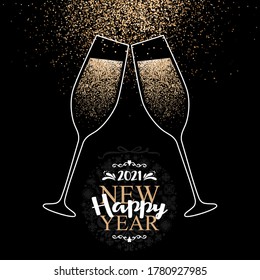 New Year 2021 Background. Two Glasses Of Champagne With Glitter Lights. Vector Illustration