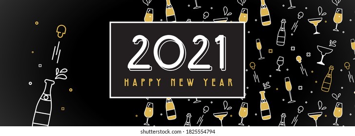 New Year 2021 banner. Pattern with champagne,glasses and extracted cork. Glittery shining golden objects on black for holiday designs