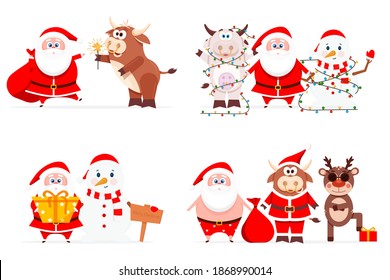 New Year 2021 with the bull, the symbol of the Chinese New Year.
Santa Claus together with cute animals celebrate Christmas and New Year.
Vector illustration.