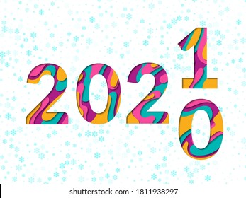 Portada del calendario de Año Nuevo 2021 con capas de corte de papel. Vector de tallado 3D. 2021 cambia los números caligráficos de 2020 cortados de papel de origami. Diseño vectorial de papel de Año Nuevo en azul rosa