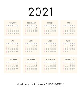 New year 2021 calendar in flat design Vector illustration. Week Starts on Sunday. Planner diary in a minimalist style. Monthly calendar ready for print.