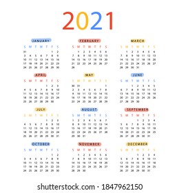 New year 2021 calendar in flat design Vector illustration. Week Starts on Sunday. Planner diary in a minimalist style. Monthly calendar ready for print.