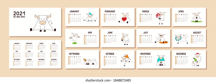 New Year 2021. Calendar or planner with a cute kawaii ox, bull, cow isolated on white. Desk, table, wall calendar. Cover and 12 monthly pages with positive vector illustrations. Week starts on Sunday.