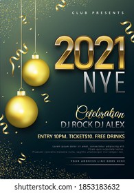 New Year 2021 celebration template or flyer design with text 2021 and decorative light bauble, confetti time and venue details.