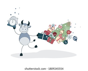 New year 2021. Cheerful ox with presents and Christmas tree. Happy chinese new year 2021 of the ox, isolated on white.  Symbol of the year. Vector illustration. Clip art for web card, poster, cover.