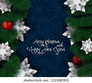 New year 2021 and Christmas design. Christmas paper cut snowflakes with shadow on dark blue background. Vector