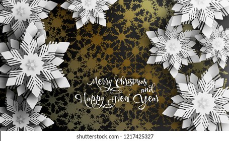 New year 2021 and Christmas design. Christmas paper cut snowflakes with shadow on golden background. 