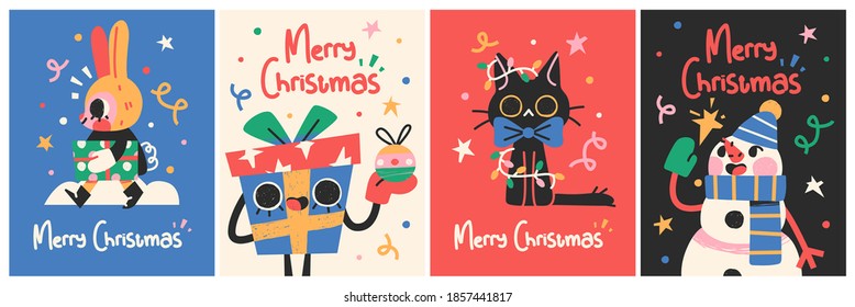 New Year 2021 And Christmas Greeting Card collection. Cute holiday characters and situations. Vector