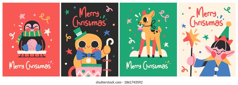 New Year 2021 And Christmas Greeting Card collection. Cute holiday characters and situations. Vector