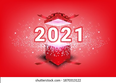 New year 2021 christmas red gift box. Open gift and light fireworks vector on red  background, box with bright rays of light. 