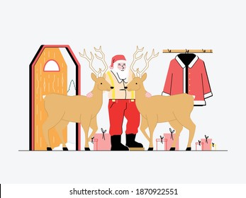 New year 2021 and the Christmas scene. Santa Claus with his faithful deer assistants. Modern vector illustration for your projects