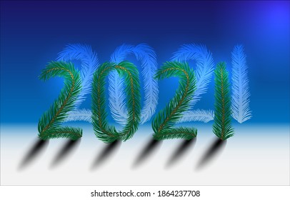 New year 2021 and Christmas. Vector illustration of the numbers 2021 made up of spruce branches on a blue background with shadows on white snow. For registration of holidays.