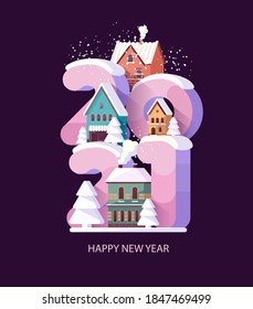 New year 2021. Cityscape with big numbers. Greeting card design