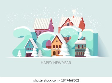 New year 2021. Cityscape with big numbers. Greeting card design