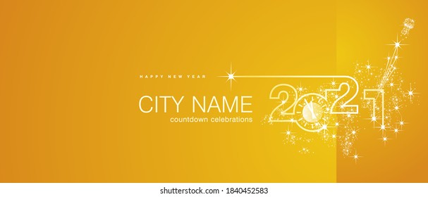 New Year 2021 clock firework midnight countdown celebrations white orange yellow background ticket banner