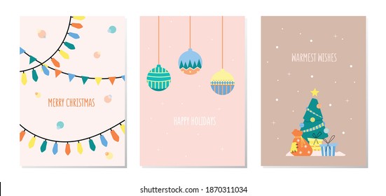 New year 2021 and collection of Christmas greeting cards. Cute holiday characters, items and situations. Hand painted vector images 