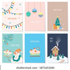 New year 2021 and collection of Christmas greeting cards. Cute holiday characters, items and situations. Hand painted vector images 