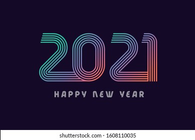 New Year 2021 colored line design firework multicolored shining on blue vector background. Realistic 3d digital numbers sign concept on violet, holiday cover, poster or banner design