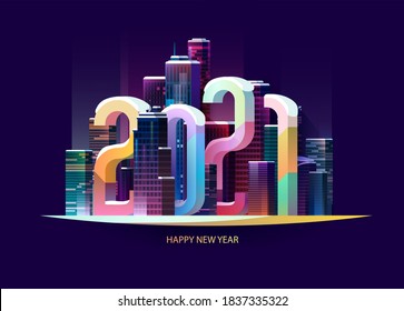 New year 2021. Colorful cityscape with big numbers. Greeting card design