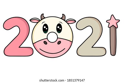 New Year 2021. Colorful design. Year of the cow, bull. Sweet Christmas donuts. Happy new year winter card with sweets. Vector illustration of a sweet holiday mouse. Merry Christmas.