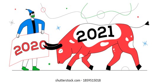 New Year 2021 - colorful flat design style illustration. A composition with a symbol of the holiday, the ox attacking 2020 banner held by a man in a face mask. Celebration in pandemic times idea