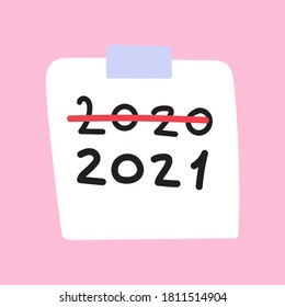 New year 2021 concept. Paper note. Hand drawn vector illustration on pink background.