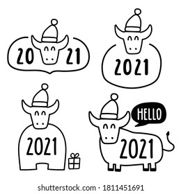 New year 2021 concept. Set of outline happy bulls. Vector icon illustrations for greeting card, t shirt, print, stickers, posters design.