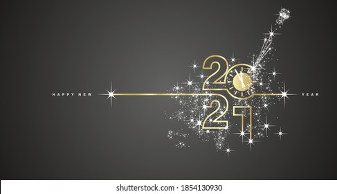 Nuevo año 2021 línea de cuenta regresiva diseño fuegos artificiales champán oro negro vector fondo negro