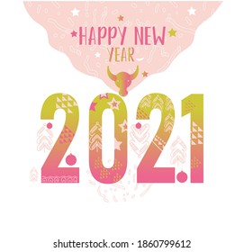 Concepto creativo de Año Nuevo 2021 . Ilustración vectorial colorida para las plantillas de diseñadores. Ilustración Hand Drawn.Ilustración vectorial con la felicitación del próximo año.