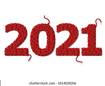 New Year 2021 of crocheted fabric isolated on white background. Fragments of knitting in shape of number 2021